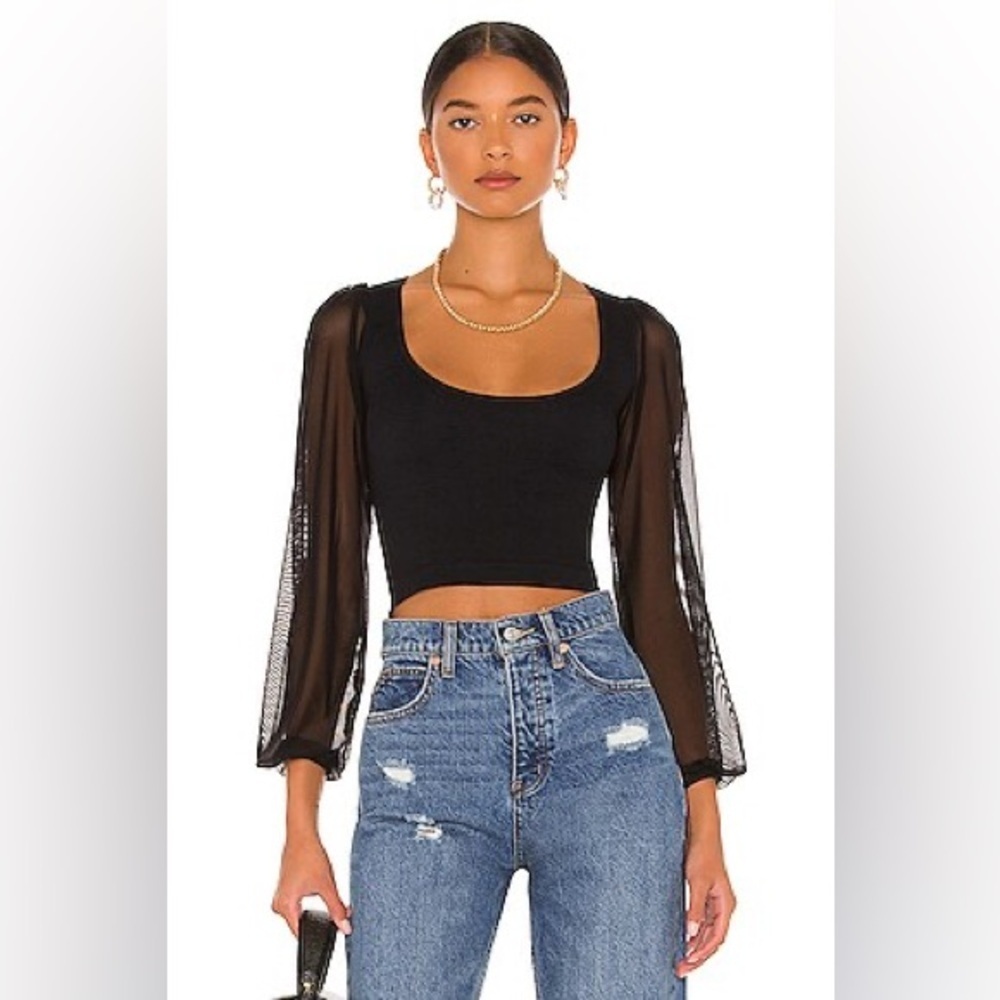 Free People Lost In Love Seamless Top in Black crop sheer sleeve size m/l nwt